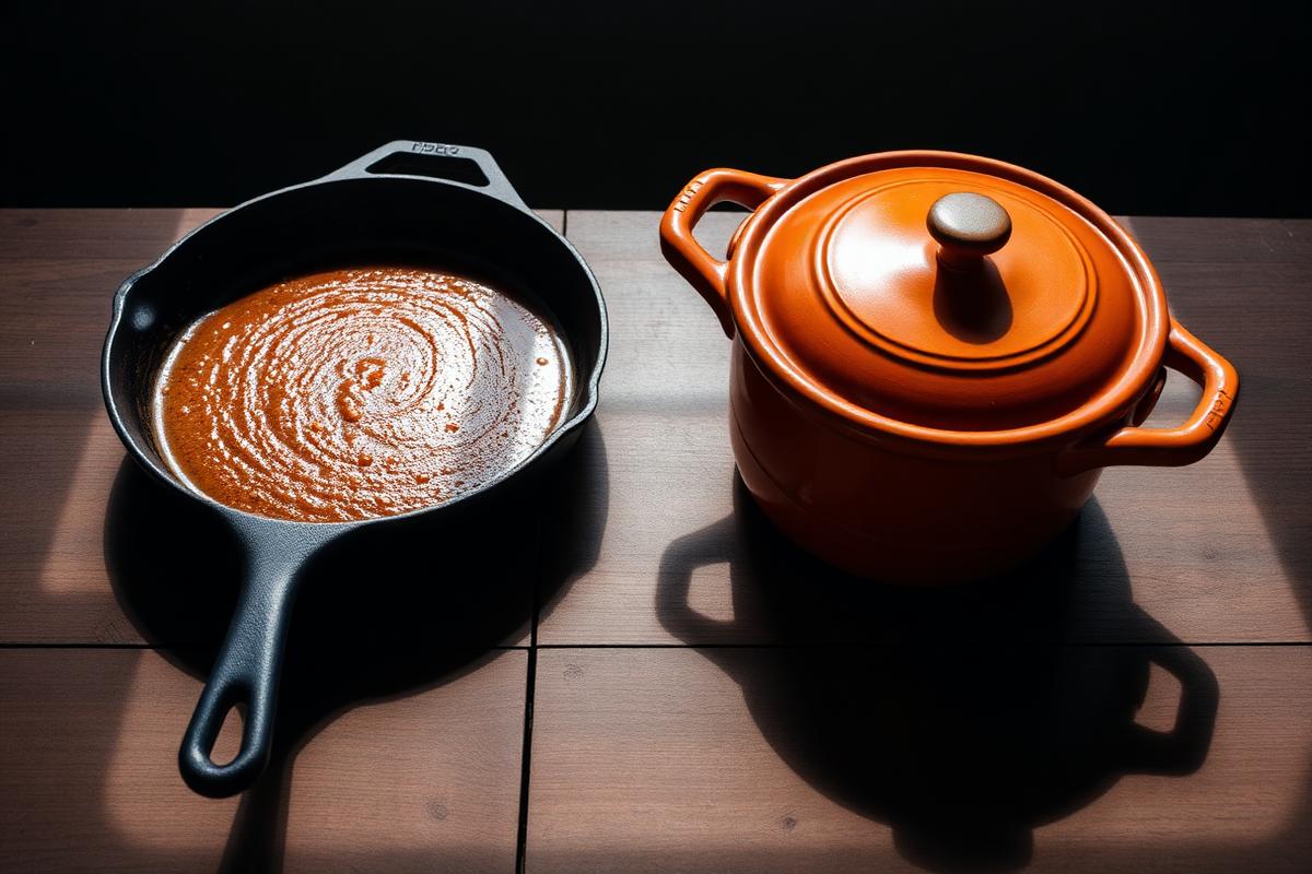 Frigideira de ferro fundido ao lado de panela de cerâmica laranja